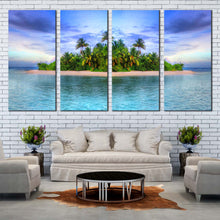 Load image into Gallery viewer, Tropical island Palm trees on the sandy beach 4 piece canvas wall art In Living room
