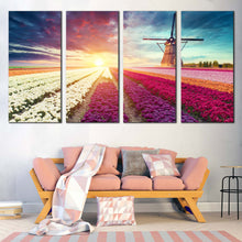 Load image into Gallery viewer, Tulips Field Canvas Wall Art Red White Holland Landscape Multi Panel Canvas Green Tulips Scenery  4 Piece Canvas Print In Living Room
