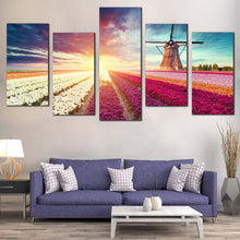 Load image into Gallery viewer, Tulips Field Canvas Wall Art Red White Holland Landscape Multi Panel Canvas Green Tulips Scenery  5 Piece Canvas Print
