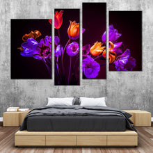 Load image into Gallery viewer, Tulips Floral Canvas Wall Art Beautiful Purple Tulip Flowers  4 Piece Canvas Blue Orange Tulips Dark Background Canvas Print For Your Bedroom
