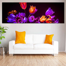 Load image into Gallery viewer, Tulips  Floral  Canvas  Wall  Art  Beautiful  Purple  Tulip  Flowers  Living  Room  1  Piece  Canvas  Blue  Orange  Tulips  Dark  Background  Canvas  Print For Living Room
