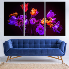 Load image into Gallery viewer, Tulips Floral Canvas Wall Art Beautiful Purple Tulip Flowers  3 Piece Canvas Blue Orange Tulips Dark Background Canvas Print In Living Room
