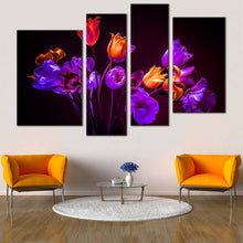 Load image into Gallery viewer, Tulips Flowers Canvas Wall Art Purple Tulips Dark Background Canvas Print Blue Orange Tulips Floral 4 Piece Multi Canvas Artwork In Living Room
