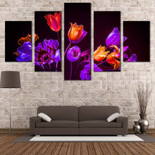 Load image into Gallery viewer, Tulips  Flowers  Canvas  Wall  Art  Purple  Tulips  Dark  Background  Canvas  Print  Blue  Orange  Tulips  Floral  5  Piece  Multi  Canvas  Artwork In Living room
