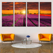 Load image into Gallery viewer, Tulips Windmill Canvas Wall Art Holland Red Purple Tulips Fields  4 Piece Canvas Print Beautiful Orange Sunset Windmill Multi Panel Canvas In Living Room
