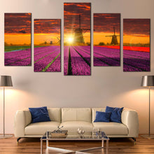 Load image into Gallery viewer, Tulips Windmill Canvas Wall Art Holland Red Purple Tulips Fields  5 Piece Canvas Print Beautiful Orange Sunset Windmill Multi Panel Canvas
