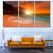 Load image into Gallery viewer, Turkey Beach Canvas Print Orange Ocean Sky Canvas Wall Art Yellow Cleopatra Beach Sunset  3 Piece Canvas Set In Bedroom

