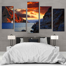 Load image into Gallery viewer, Turkey Ocean Canvas Wall Art Harbor of Marmaris  5 Piece Canvas Print Blue Ocean Mountains Canvas Artwork Orange Cloudy Sky Canvas For Your Bedroom
