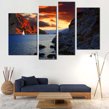 Load image into Gallery viewer, Turkey Ocean Canvas Wall Art Harbor of Marmaris  4 Piece Canvas Print Blue Ocean Mountains Canvas Artwork Orange Cloudy Sky Canvas 
