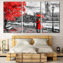 Load image into Gallery viewer, Umbrella Couple Canvas Wall Art England Black and White City  3 Piece Canvas Print London Red Autumn Tree Multi Panel Canvas In Bedroom
