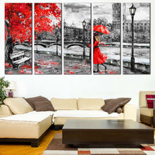 Load image into Gallery viewer, Umbrella Couple Canvas Wall Art England Black and White City  5 Piece Canvas Print London Red Autumn Tree Multi Panel Canvas For Your Living room
