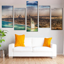 Load image into Gallery viewer, Umm Suqeim Beach Canvas Wall Art Brown City Skyline Canvas Print Sea Green Dubai Beach  5 Piece Canvas Set 
