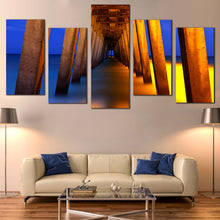 Load image into Gallery viewer, Under Pier Canvas Print Blue Yellow Pier Ocean  5 Piece Multi Canvas Artwork Orange Pier Pillar Sea Canvas Wall Art 
