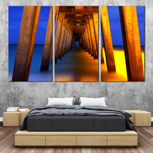 Load image into Gallery viewer, Under Pier Canvas Print Blue Yellow Pier Ocean Triptych Multi Canvas Artwork Orange Pier Pillar Sea  3 Piece Canvas Wall Art For Bedroom
