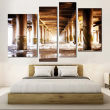 Load image into Gallery viewer, Under Pier Canvas Print Brown Pier Ocean Multi Canvas Artwork White Pier Sea Waves  4 Piece Canvas Wall Art 
