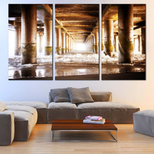 Load image into Gallery viewer, Under Pier Canvas Print Brown Pier Ocean Triptych Multi Canvas Artwork White Pier Sea Waves  3 Piece Canvas Wall Art In Living Room
