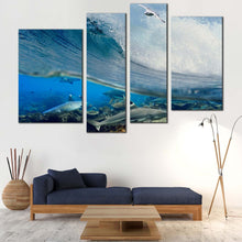 Load image into Gallery viewer, Underwater Sharks Canvas Wall Art Grey Shark Fishes Ocean Canvas Print Blue Ocean Waves  4 Piece Canvas Set 
