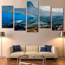 Load image into Gallery viewer, Underwater Sharks Canvas Wall Art Grey Shark Fishes Ocean Canvas Print Blue Ocean Waves  5 Piece Canvas Set 
