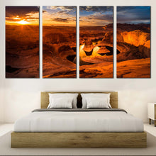 Load image into Gallery viewer, Utah Desert Canvas Wall Art Canyon Lake Powell Brown Mountain  4 Piece Canvas Print Yellow Cloudy Sunset Sky Desert Canvas Set For Bedroom
