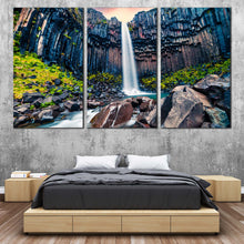 Load image into Gallery viewer, Vatnajokull Iceland Canvas Print Europe White Svartifoss Waterfall  3 Piece CanvasWall Art Green Blue Rocks Scenery Canvas Set Orange Sunrise in Skaftafell Waterfall Multi For Bedroom
