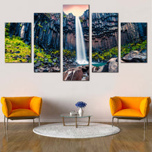 Load image into Gallery viewer, Vatnajokull  Iceland  Canvas  Print  Europe  White  Svartifoss  Waterfall    5  Piece  Canvas  Wall  Art  Green  Blue  Rocks  Scenery  Canvas  Set  Orange  Sunrise  in  Skaftafell  Waterfall In Living Room
