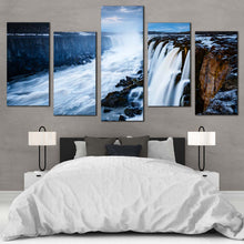 Load image into Gallery viewer, Vatnajokull National Park Canvas Wall Art White Selfoss Cascade Multi Canvas Jokulsa a Fjollum Iceland  5 Piece Canvas Set Selfoss Waterfall Blue Sky For Your Bedroom
