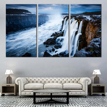 Load image into Gallery viewer, Vatnajokull National Park Canvas Wall Art White Selfoss Cascade Multi Canvas Jokulsa a Fjollum Iceland  3 Piece Canvas Set Selfoss Waterfall Blue Sky In Living Room
