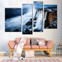 Load image into Gallery viewer, Vatnajokull National Park Canvas Wall Art White Selfoss Cascade Multi Canvas Jokulsa a Fjollum Iceland  4 Piece Canvas Set Selfoss Waterfall Blue Sky 
