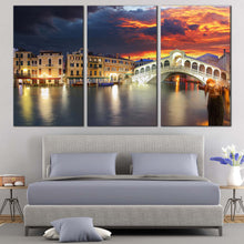 Load image into Gallery viewer, Venice Bridge Canvas Wall Art Dramatic Orange Cloudy Sunset Sky Canvas Print Beautiful Ponte Rialto  3 Piece Canvas Grey Italy Gondola For Bedroom
