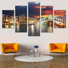 Load image into Gallery viewer, Venice  Bridge  Canvas  Wall  Art  Dramatic  Orange  Cloudy  Sunset  Sky  Canvas  Print  Beautiful  Ponte  Rialto 5  Piece  Canvas In Your Living Room
