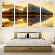 Load image into Gallery viewer, Vermillion Lake Canvas Wall Art Green Banff National Park Multi Canvas Grey Mount Rundle Ocean Mountains  4 Piece CanvasPrint Canada Yellow Cloudy Sunset Sky Canvas Set In Bedroom
