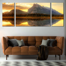 Load image into Gallery viewer, Vermillion Lake Canvas Wall Art Green Banff National Park Multi Canvas Grey Mount Rundle Ocean Mountains  3 Piece Canvas Print Canada Yellow Cloudy Sunset Sky Multi Canvas In Living Room
