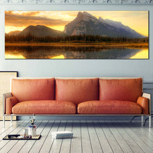 Load image into Gallery viewer, Vermillion  Lake  Canvas  Wall  Art  Green  Banff  National  Park  Wide  Canvas  Grey  Mount  Rundle  Ocean  Mountains  Living  Room  Panoramic  Canvas  Print  Canada  Yellow  Cloudy  Sunset  Sky  Canvas  Art For Living Room
