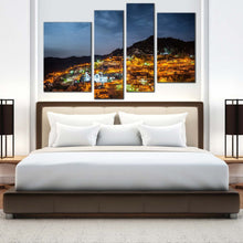 Load image into Gallery viewer, Village Mountain Canvas Print Cyprus Grey Sky Troodos Mountains Wide Canvas Orange Town Lights at Night 4 Piece Canvas Wall Art
