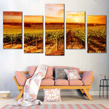 Load image into Gallery viewer, Vineyard Landscape Canvas Wall Art Yellow Orange Vineyard Sunset 5 Piece Split Canvas Beautiful Green Vinyard Scenery Canvas Print 
