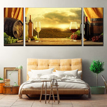 Load image into Gallery viewer, Vineyard Sunset Canvas Print Brown Drinks Barrels  3 Piece Canvas Wall Art Red White Wine Bottles Triptych Canvas Set For Bedroom
