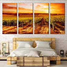 Load image into Gallery viewer, Vineyard Sunset Canvas Wall Art Green Vinyard Scenery  4 Piece Canvas Art Yellow Orange Sky Vineyard Landscape Canvas Print In Bedroom
