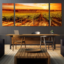 Load image into Gallery viewer, Vineyard Sunset Canvas Wall Art Green Vinyard Scenery Canvas Artwork Yellow Orange Sky Vineyard Landscape  3 Piece Canvas Print For Dining Room
