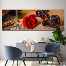 Load image into Gallery viewer, Violin Scroll Canvas WallArt  Romantic Brown Violin Canvas  Red Rose Flower 1 Piece Canvas Print For Living Room
