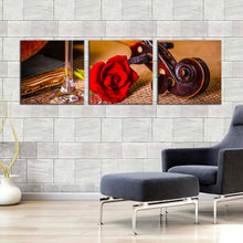 Load image into Gallery viewer, Violin Scroll Canvas Wall Art Romantic Brown Violin Multi Canvas Red Rose Flower 3 Piece Canvas Print For Living Room
