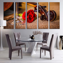 Load image into Gallery viewer, Violin Scroll Canvas Wall Art Romantic Brown Violin Multi Canvas Red Rose Flower 5 Piece Canvas Print For Dining Room
