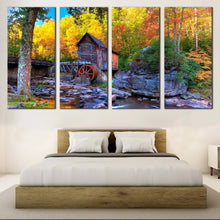 Load image into Gallery viewer, Virginia Mountains Canvas Wall Art Yellow Autumn Trees Multi Canvas Old Grist Mill  4 Piece Canvas Set Clifftop Green Babcock State Park Canvas For Bedroom
