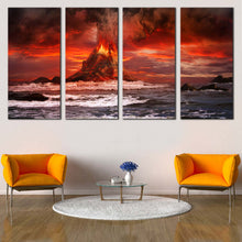 Load image into Gallery viewer, Volcano Scenery Canvas Print Red Orange Volcano Eruption Canvas Wall Art Cloudy Sky 4 Piece  Canvas Set In Living room
