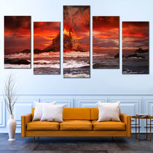 Load image into Gallery viewer, Volcano Scenery Canvas Print Red Orange Volcano Eruption Canvas Wall Art Cloudy Sky  5 Piece Canvas Set In Living Room
