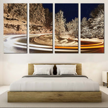 Load image into Gallery viewer, Vortex Light Canvas Wall Art Winter Lights Grey Trees 4 Piece Canvas Set White Light Trail Canvas Print  Snow Winter Night Sky Canvas Print For Bedroom
