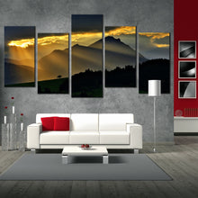 Load image into Gallery viewer, Wall Art Of Beautiful Mountains Scenery 5 panel Sunrays Clouds Multi panel Magical Scenery Sunset Multi panel Landscape photog In Living Room
