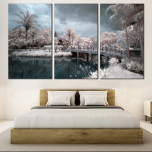 Load image into Gallery viewer, Wat Chalerm Canvas Print Grey Sky Bridge River  3 Piece Canvas Set Thailand White Trees Scenery Triptych Canvas Wall Art For Bedroom
