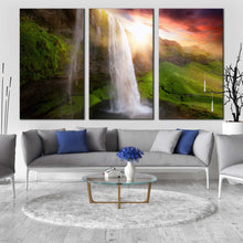 Load image into Gallery viewer, Waterfall Sunset Canvas Print Yellow Sunset Landscape 3 Piece Canvas WallArt Green Iceland Scenery Seljalands foss Waterfalls Multi Canvas Artwork Your Living room
