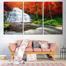 Load image into Gallery viewer, Waterfall Forest Canvas Print Green Orange Rocks River Nature  Multiple Canvas Waterfall Streaming 3 Piece Canvas Wall Art For Living Room
