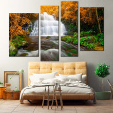 Load image into Gallery viewer, Waterfall Forest Canvas Print Orange Autumn Trees Waterfall Canvas Beautiful White Waterfall Scenery  4 Piece Canvas Wall Art For Bedroom
